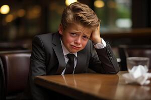ein jung Junge im ein formal passen sitzt beim ein Tabelle und weint. foto