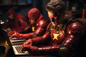 ein Mann tragen ein Superheld Kostüm ist mit ein Laptop Computer. foto