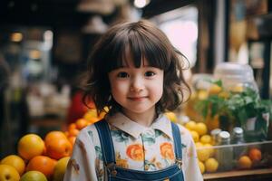 ein wenig Mädchen ist Stehen im ein Supermarkt gegen das Hintergrund von ein Vielfalt von Früchte und Gemüse angezeigt auf ein Markt Stand. foto