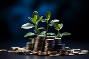 ein Grün Pflanze entstehenden von ein Haufen von glänzend Münzen, symbolisieren Wachstum und finanziell Wohlstand. foto