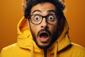 ein Mann im ein Gelb passen und Brille mit ein schockiert Ausdruck, Augen und Mund breit offen. foto