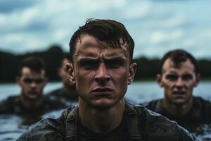 ein Gruppe von Männer Stehen im das Wasser, mit Wellen sanft brechen um ihnen. foto