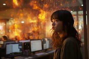 ein Frau Stehen im Vorderseite von mehrere Monitore im ein Büro wo ein furchtbar Feuer Pleite aus. foto