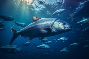 ein groß Gruppe von Fisch schwimmen zusammen im das riesig Weite von das Ozean, ziehen um im Einklang durch das klar Blau Wasser. foto