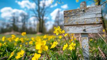 leeren Zeichen mit das Wort Frühling geschrieben auf es ist platziert im ein Feld von Blumen foto