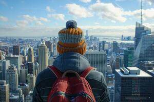 Tourist beim ein groß Stadt mit ein groß Gebäude im das Hintergrund foto