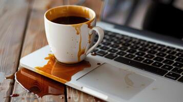 Tasse von Kaffee verschüttet auf Laptop foto