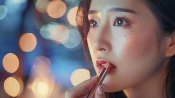 asiatisch Frau bilden durch Lippenstift Nahansicht auf Bokeh Hintergrund foto