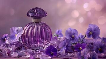 elegant lila Duft Flasche mit Viola Blumen foto