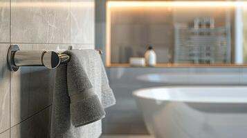 Nahansicht von erhitzt Schiene mit grau Handtücher im Badezimmer mit Kopieren Raum. modern erhitzt Handtuch Schiene auf Mauer im ein heiter Badezimmer Einstellung. foto