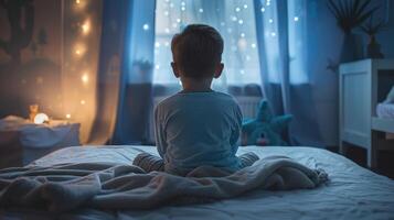 zurück Aussicht von wenig Junge, Kind oder Baby Sitzung auf Bett unter Decke, warten zum Zahn Fee. bekommen bereit zu schlafen. Bettzeit und glücklich Träume. foto