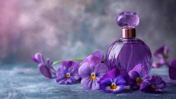 elegant lila Duft Flasche mit Viola Blumen foto