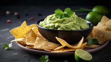 Avocado tauchen Soße Guacamole mit Tortilla Mais Nachos foto