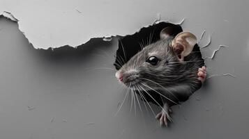 Ratte im das Loch von grau Papier, wenig Nagetier kriecht aus durch das Kunst Hintergrund, komisch Tier. foto