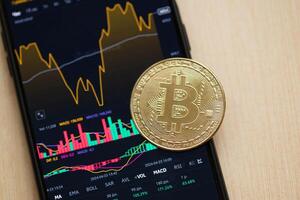 Bitcoin Münze auf das Hintergrund von ein Smartphone Bildschirm mit ein Graph von fallen von Kryptowährung Markt auf das Austausch. Bär Markt, entsorgen, Verluste Konzept. foto