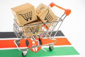 Box mit Einkaufen online Wagen Logo und Kenia Flagge, importieren Export Einkaufen online oder Handel Finanzen Lieferung Bedienung Geschäft Produkt Versand, handeln, Anbieter. foto