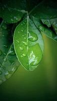 schließen oben von Wasser Tropfen auf frisch tropisch Blätter foto