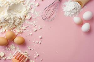 Hintergrund zum Backen. Mehl, Eier, Schneebesen auf ein Rosa Pastell- Hintergrund. foto