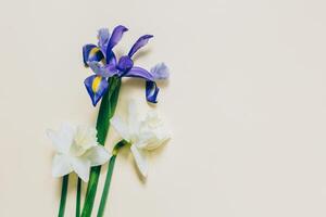 Strauß von zärtlich Narzisse Narzisse und Iris Blumen auf ein Licht Gelb Hintergrund. foto