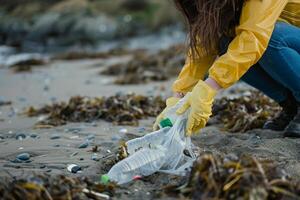 Frau im Gummi Handschuhe pflücken Plastik Flaschen auf das Strand. foto