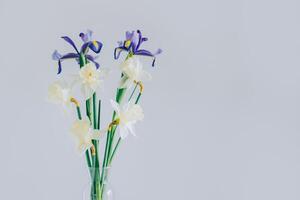 Strauß von zärtlich Narzisse Narzisse und Iris Blumen im ein Vase auf ein Weiß Tabelle . foto