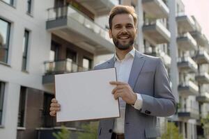 gut aussehend echt Nachlass Agent hält ein Mappe im Hände. foto