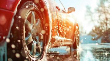 Auto waschen auf verschwommen Hintergrund im ein sonnig Tag. Nahansicht. foto