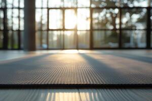grau Fitness Matte auf ein Fußboden im ein verschwommen Yoga Studio auf Hintergrund. foto