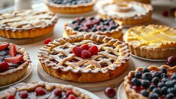 Sortimente von lecker Kuchen mit anders Früchte auf ein Licht hölzern Tabelle im Bäckerei. foto