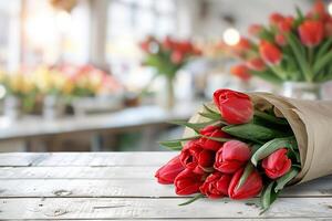 Strauß von rot Tulpen eingewickelt im ein Kunst Papier auf ein Weiß hölzern Tisch. verschwommen modern Blume Geschäft auf ein Hintergrund. foto