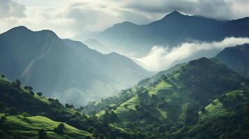 Berg Landschaft im einer von das Grün Landschaften foto