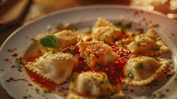 würzig Fleisch gefüllt Ravioli, ein Süss Tomate Soße Nieselregen, gefangen im das golden Stunde zum ein rustikal Gefühl foto