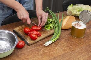 hacken das Grün Zwiebeln und Tomaten und Platz Sie im ein Schüssel. bereiten das Salat. foto