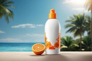 tropisch Sonnenschutz Flasche mit Orange Blumen- Akzente - - beschwingt Sonnencreme Verpackung Attrappe, Lehrmodell, Simulation zum Sommer- Schönheit und Gesundheit Produkte foto