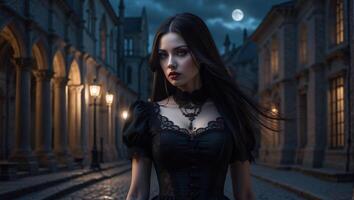 ein schön Goth Mädchen mit lange Gerade Haar im ein kurz schwarz Kleid ist Gehen durch ein gotisch Stadt foto