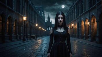 ein schön Goth Mädchen mit lange Gerade Haar im ein kurz schwarz Kleid ist Gehen durch ein gotisch Stadt foto