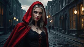 ein schön Goth Mädchen mit lange Gerade Haar im ein kurz schwarz Kleid ist Gehen durch ein gotisch Stadt foto