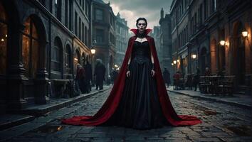 ein schön Goth Mädchen mit lange Gerade Haar im ein kurz schwarz Kleid ist Gehen durch ein gotisch Stadt foto