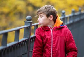 ein nachdenklich Teenager Junge Spaziergänge außen, sieht aus um. psychologisch Porträt von ein Teenager. foto