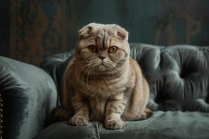ein majestätisch schottisch falten Katze Sitzung königlich auf ein Samt Kissen, es ist gefaltet Ohren geben es ein Luft von elegant Charme foto