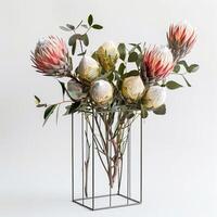 zeitgenössisch Drahtmodell Vase Anzeigen ein Cluster von exotisch Protea Blumen. foto