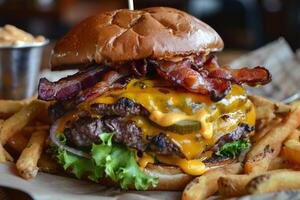 Burger mit saftig Rindfleisch, geschmolzen Käse und knusprig Speck. foto