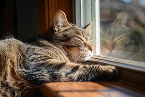 ein majestätisch Tabby Katze faulenzen im ein sonnendurchflutet Fenster, es ist Pelz glühend mit Wärme und Weichheit foto