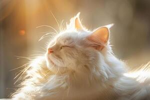 ein zufrieden Türkisch Angora Katze Pflege selbst im das warm glühen von ein Sonnenstrahl, es ist lange Weiß Pelz schimmernd mit Hinweise von Silber foto