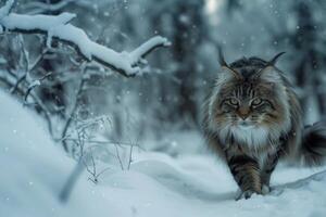 ein majestätisch norwegisch Wald Katze herumstreifen durch ein schneebedeckt Wald, es ist dick Pelz behalten es warm gegen das kalt foto