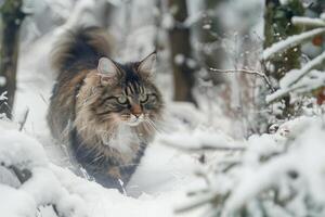 ein majestätisch norwegisch Wald Katze herumstreifen durch ein schneebedeckt Wald, es ist dick Pelz behalten es warm gegen das kalt foto