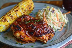 Grill Hähnchen mit gegrillt Mais und Krautsalat foto