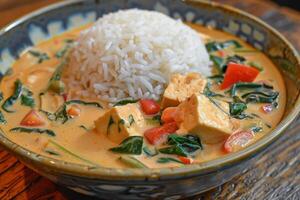 Kokosnuss Curry Schüssel mit Tofu, Gemüse und Jasmin Reis foto