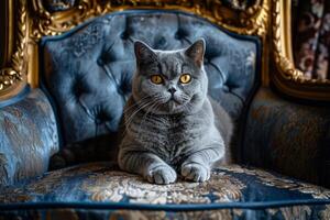 ein majestätisch britisch kurzes Haar Katze Sitzung königlich auf ein Samt Thron, es ist dicht Mantel schimmernd mit Schatten von Blau und Silber foto