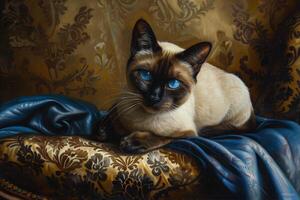 ein heiter birmanisch Katze faulenzen auf ein Samt Kissen, es ist warm braun Mantel mischen einwandfrei mit das luxuriös Stoff foto